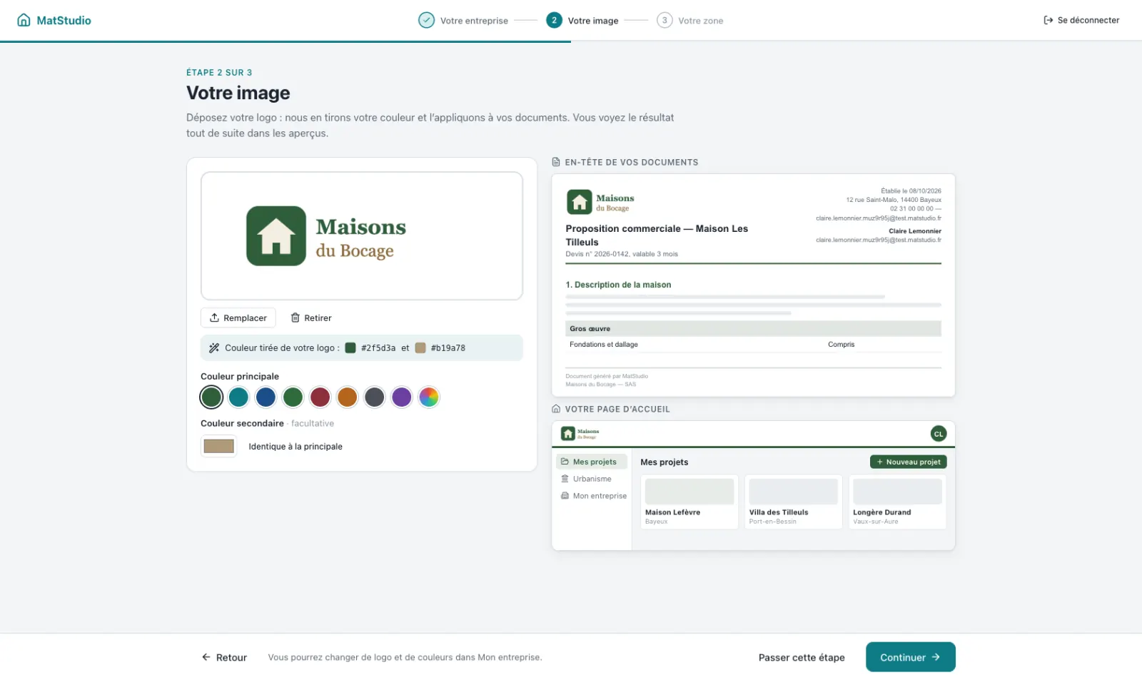 Accueil, étape « Votre image » : logo de l’entreprise fictive Maisons du Bocage, couleur tirée du logo et aperçu de l’en-tête des documents