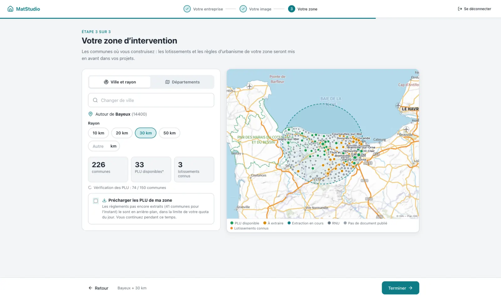 Accueil, étape « Votre zone d’intervention » : Bayeux et 30 km, carte des communes et état des PLU