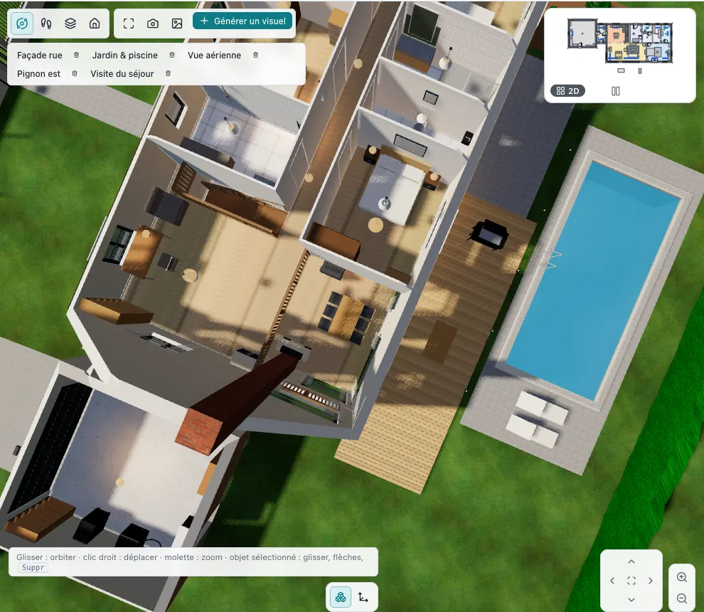 Vue 3D en coupe du Manoir des Tilleuls meublé automatiquement, sans toiture ni plafonds