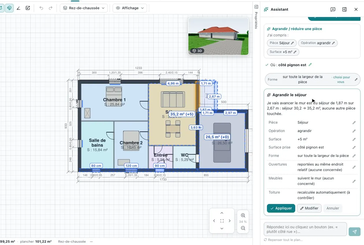 Récapitulatif de l’assistant : avancer le mur est du séjour de 1,87 m, séjour 30,2 → 35,2 m², aucune autre pièce touchée