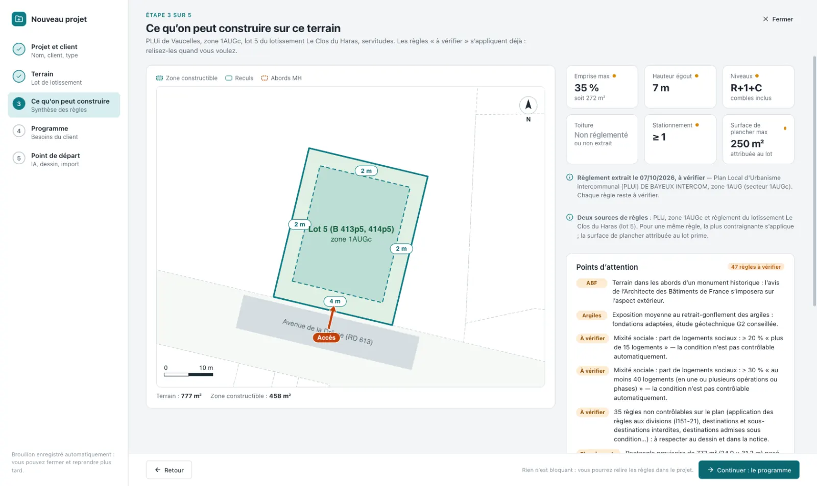 Étape « Ce qu’on peut construire » : lot 5 d’un lotissement placé sur le cadastre, zone constructible, reculs et règles du PLU et du lotissement