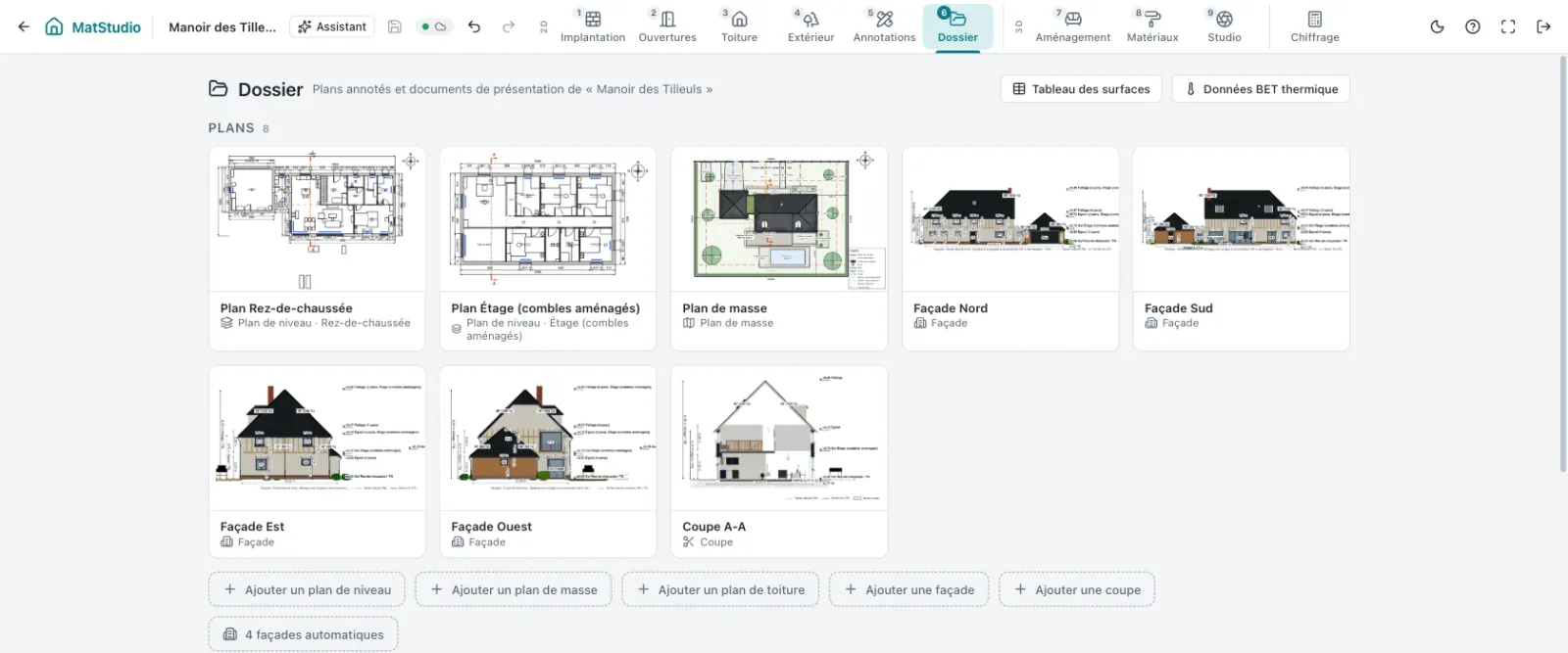 Dossier du Manoir des Tilleuls : plans des deux niveaux, plan de masse, quatre façades et une coupe générés automatiquement