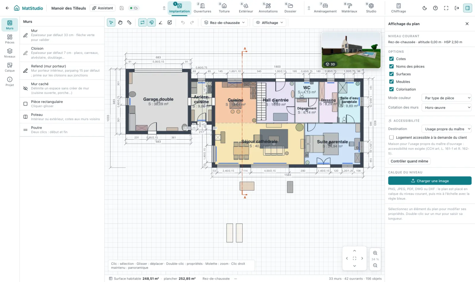 Éditeur Constructeur.ai : barre des neuf étapes, plan du rez-de-chaussée du Manoir des Tilleuls et vignette 3D