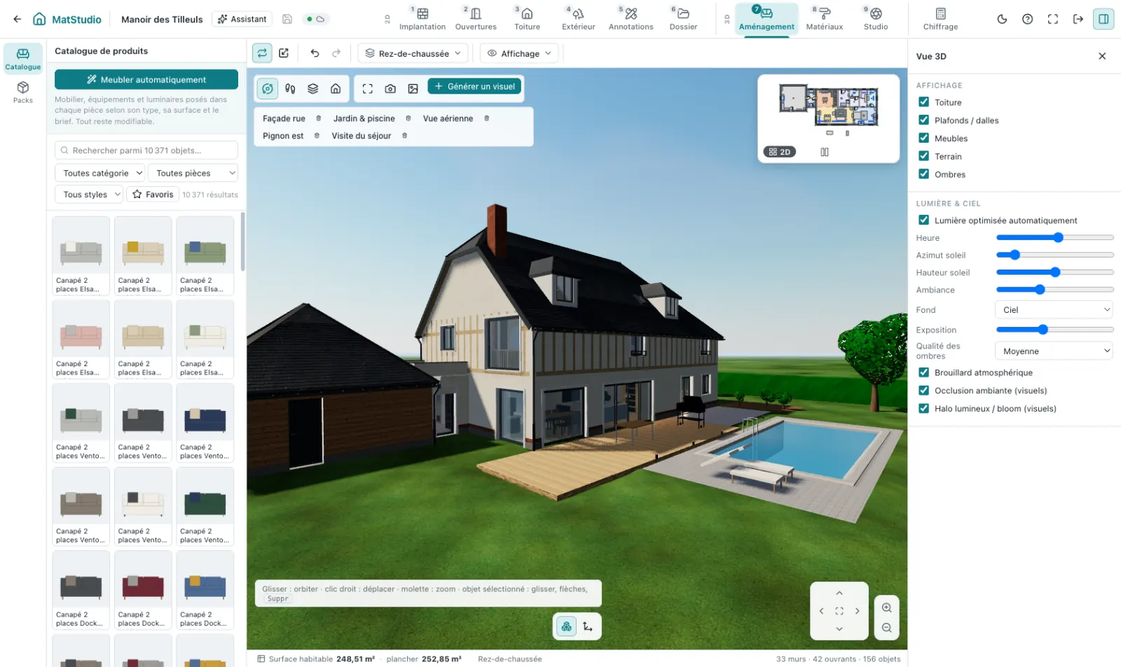 Vue 3D du Manoir des Tilleuls côté jardin : colombages, ardoise, terrasse bois et piscine