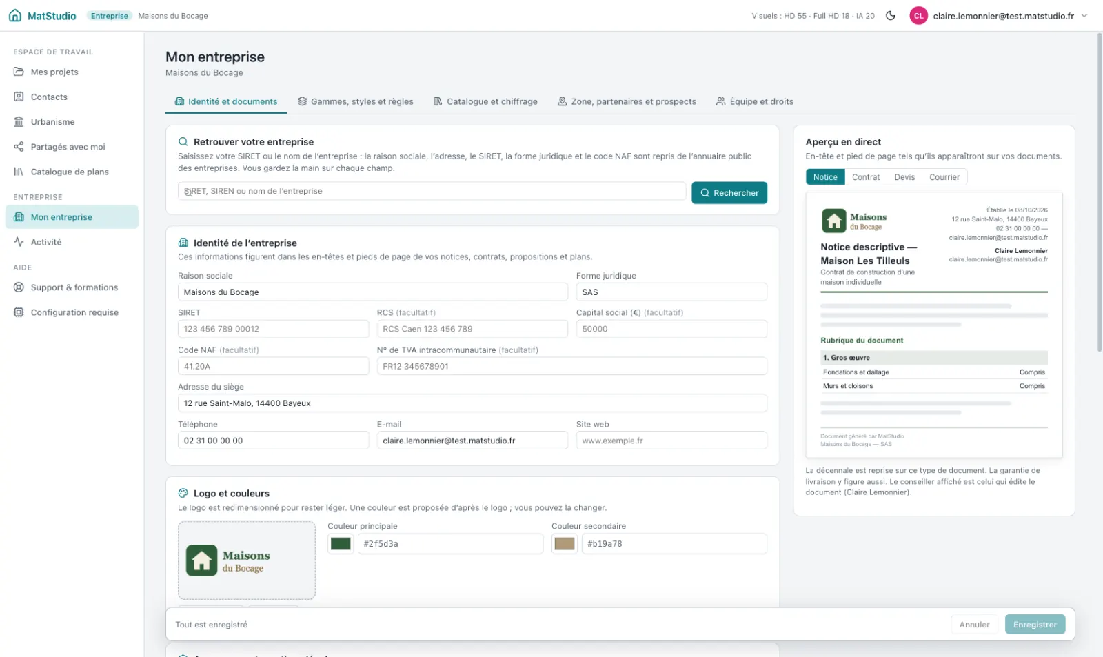 Mon entreprise, identité et documents : informations de l’entreprise fictive et aperçu de l’en-tête d’une notice