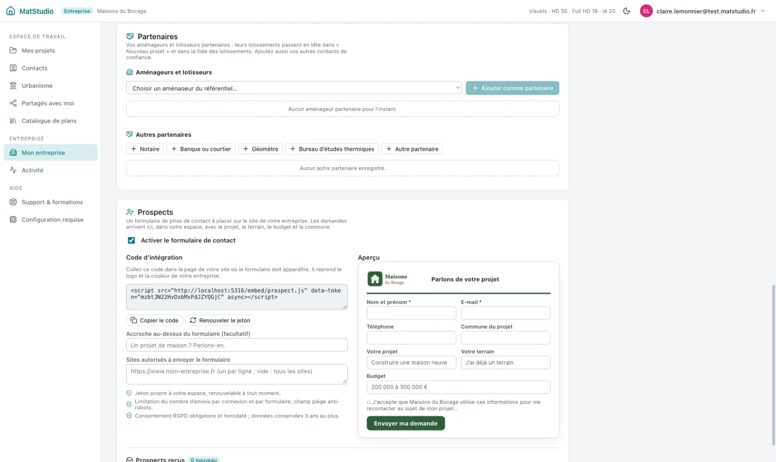 Formulaire de prospects à intégrer au site de l’entreprise : code d’intégration et aperçu