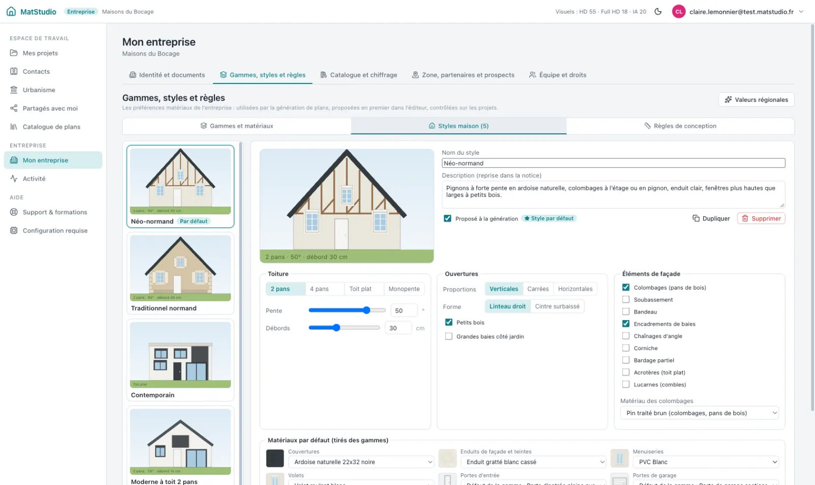 Styles maison de l’entreprise : néo-normand par défaut, traditionnel normand, contemporain, avec toiture, ouvertures et colombages