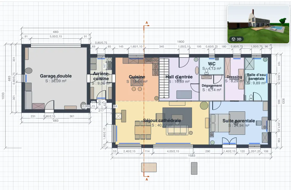 Éditeur Constructeur.ai : plan coté du rez-de-chaussée du Manoir des Tilleuls, pièces colorées, surfaces et vignette 3D