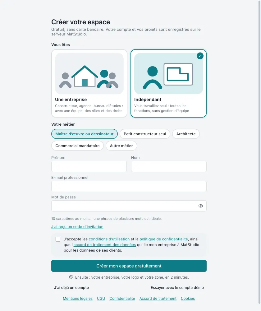 Inscription à Constructeur.ai : choix « Indépendant » et métiers proposés (maître d’œuvre ou dessinateur, petit constructeur, architecte, commercial mandataire)