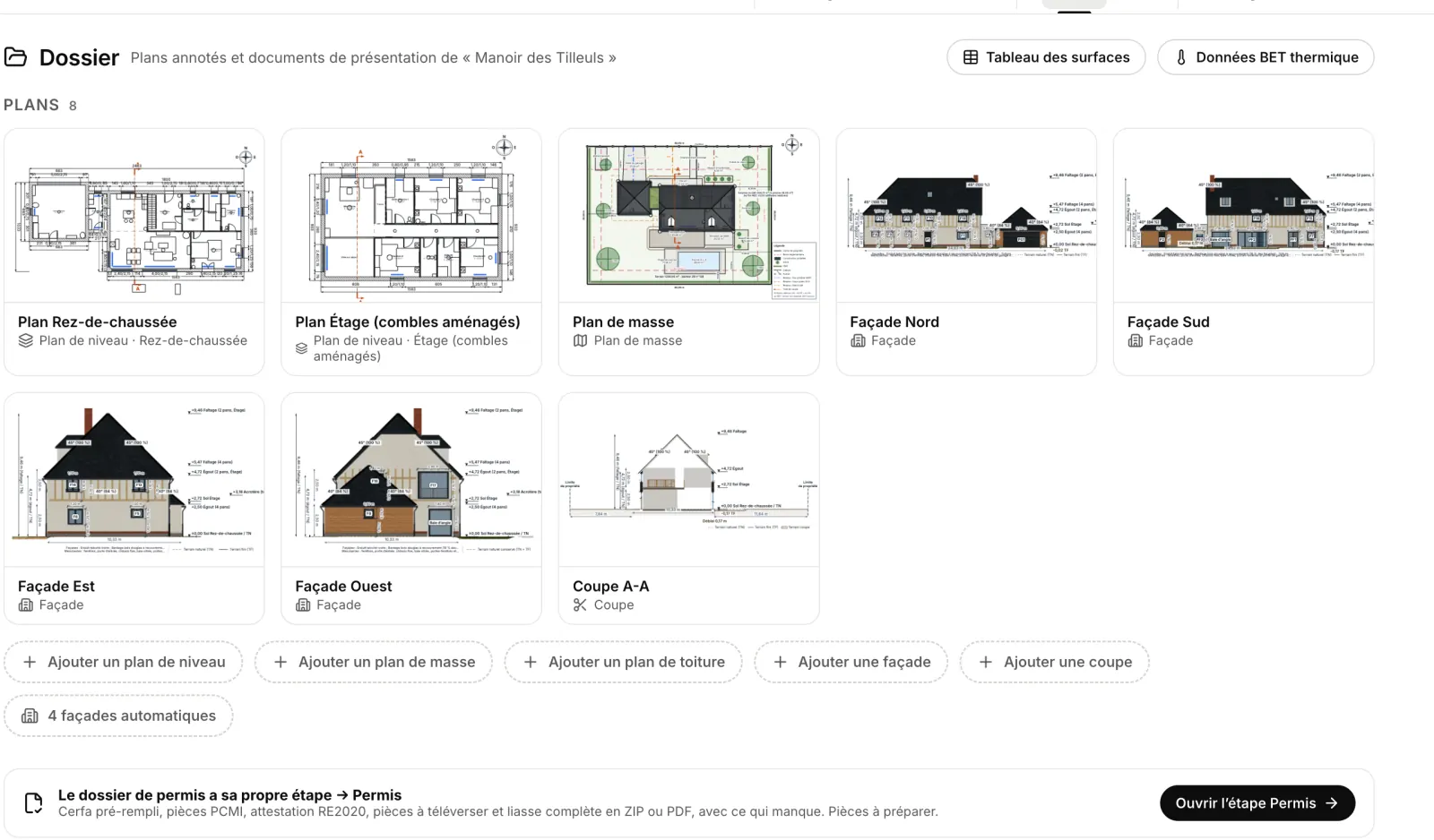 Dossier généré pour une maison néo-normande : plans des deux niveaux, plan de masse, quatre façades et une coupe