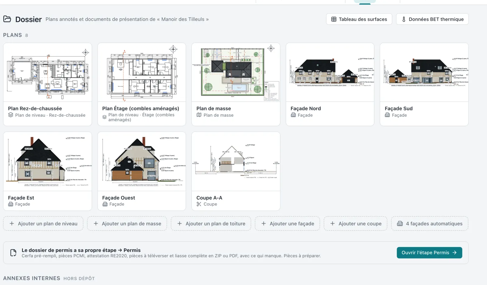 Dossier généré pour une maison néo-normande : plans des deux niveaux, plan de masse, quatre façades et une coupe