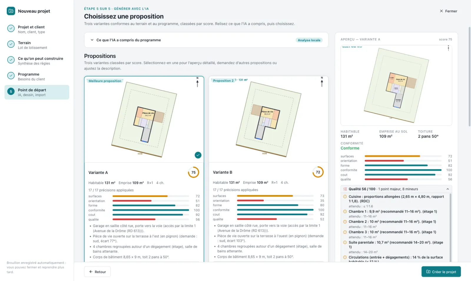 Trois propositions de plans notées pour une maison à étage sur le lot 5, avec le détail de la variante choisie