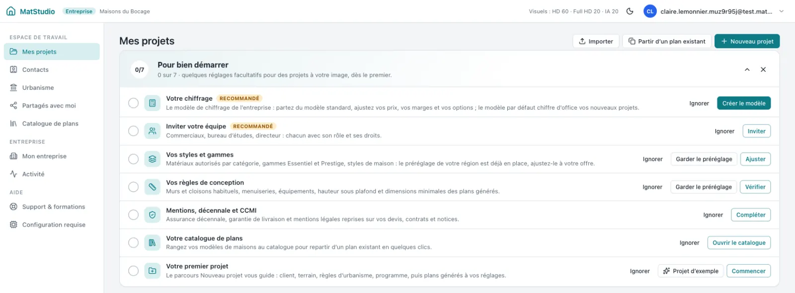 Tableau de bord avec la liste « Pour bien démarrer » : chiffrage, styles et gammes, règles de conception, mentions, catalogue, premier projet