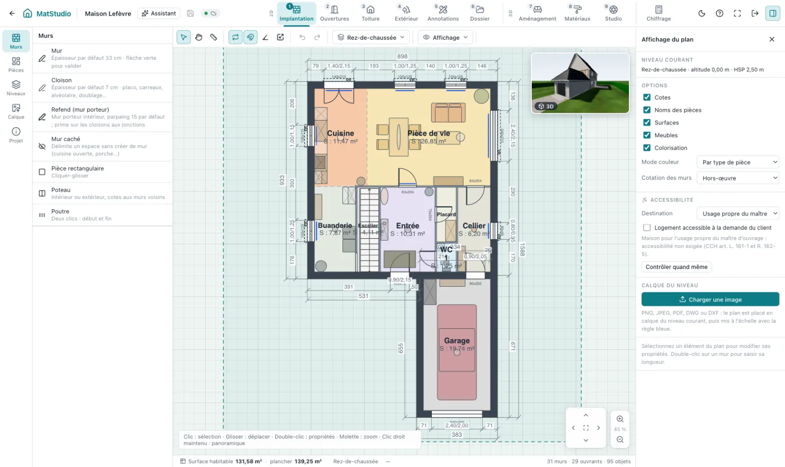 Plan d’une maison à étage générée sur un lot de lotissement, pièces colorées par type et surfaces