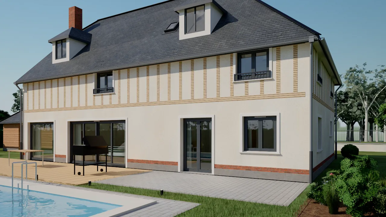 Rendu photoréaliste d’une maison néo-normande côté jardin : colombages, ardoise, terrasse et piscine