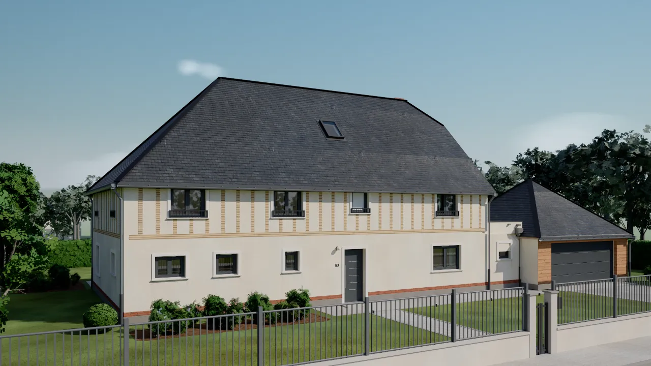 Rendu d’une maison néo-normande côté rue avec garage