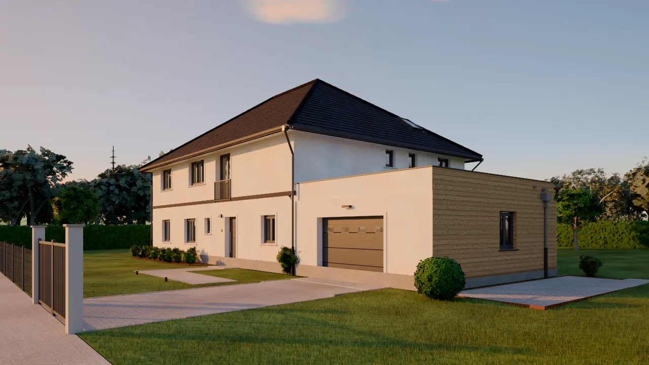 Rendu en fin de journée d’une villa contemporaine à étage avec garage bardé de bois