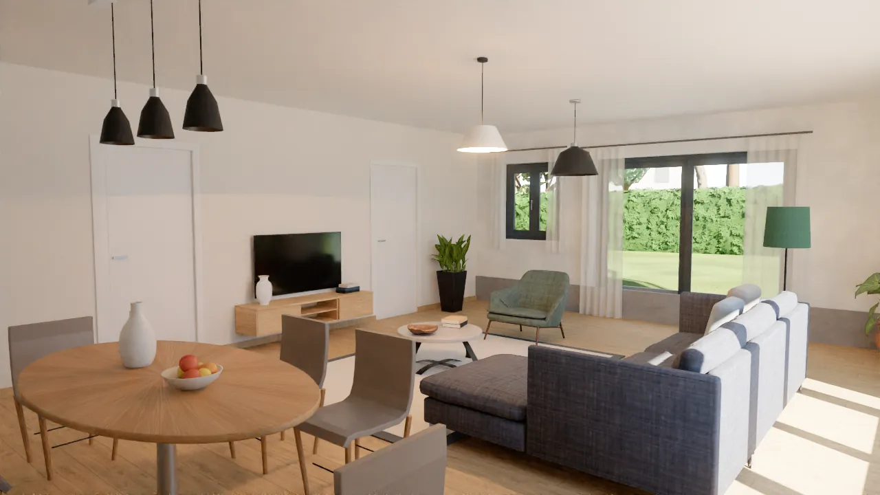 Rendu intérieur d’un séjour avec cuisine ouverte et table ronde