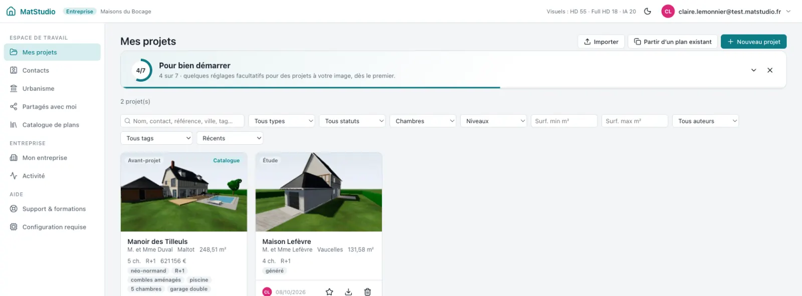 Tableau de bord « Mes projets » de l’entreprise fictive avec la liste « Pour bien démarrer » et les projets