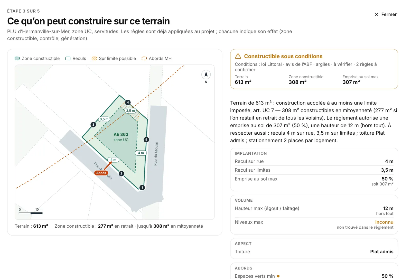 Ce qu’on peut construire sur une parcelle d’Hermanville-sur-Mer en zone UC : zone constructible tracée, reculs, emprise au sol maximale et règles du PLU citées