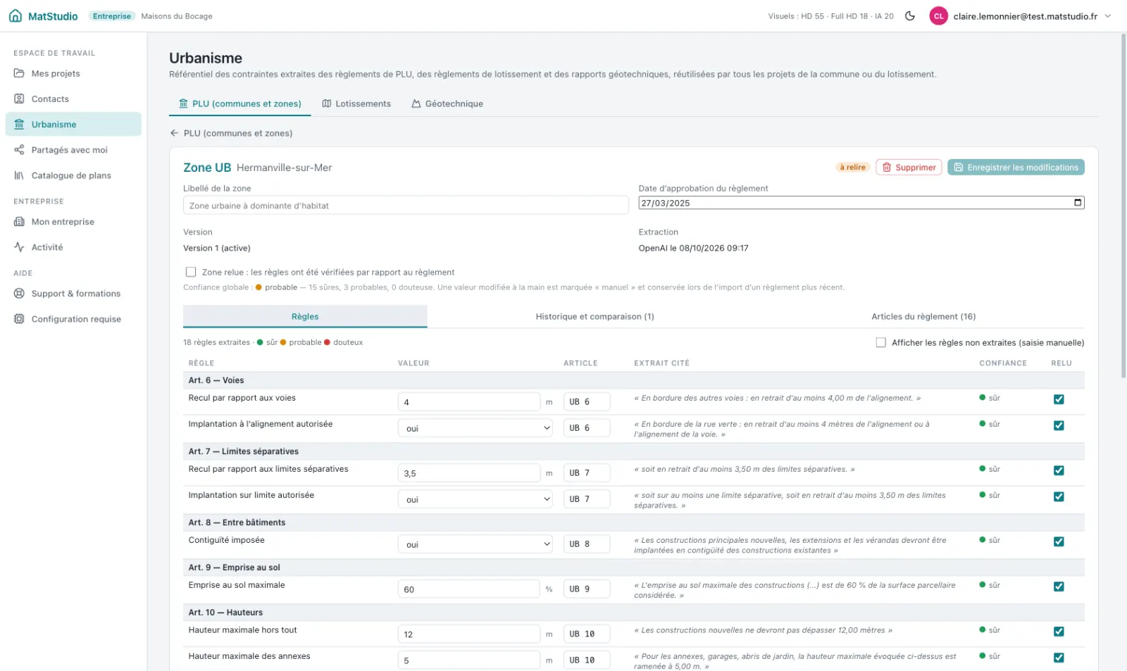 Tableau des règles d’une zone UB avec valeurs, articles, extraits cités et confiance